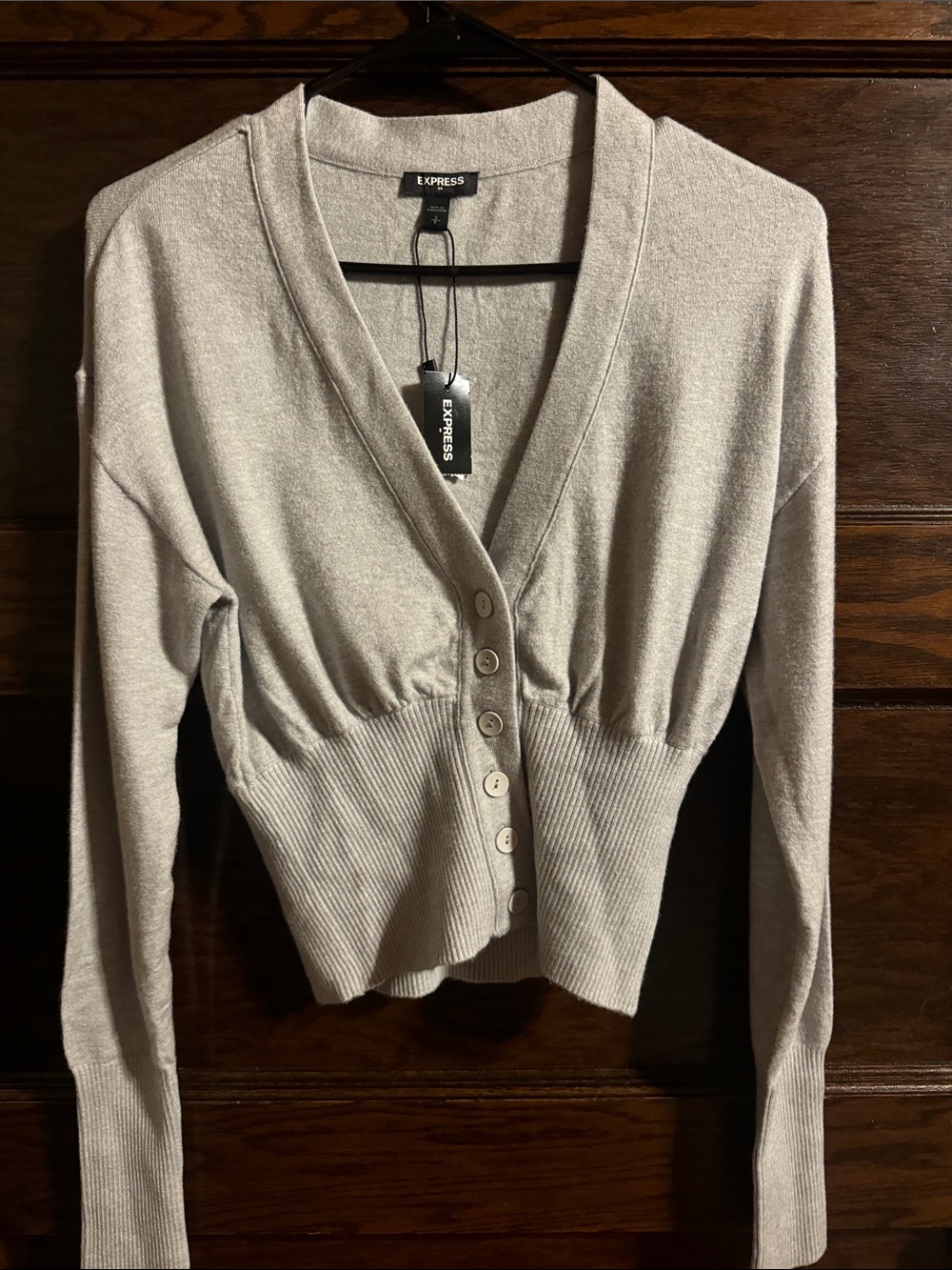 Express Women's Light Gray Ribbed-Waist Button Cardigan,NWT
